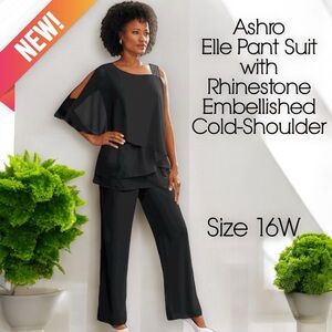NWT Ashro Black Elle Rhinestone Embellished Cold-Shoulder Pant Suit